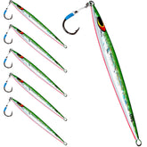 Uncle Mo's 120g sand eel jig in green and white for offshore striped bass and tuna jigging.