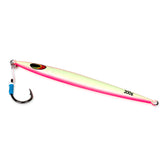 Close-up of Uncle Mo Tackle 200g Sand EEL Jig Pink Glow with razor-sharp assist hooks