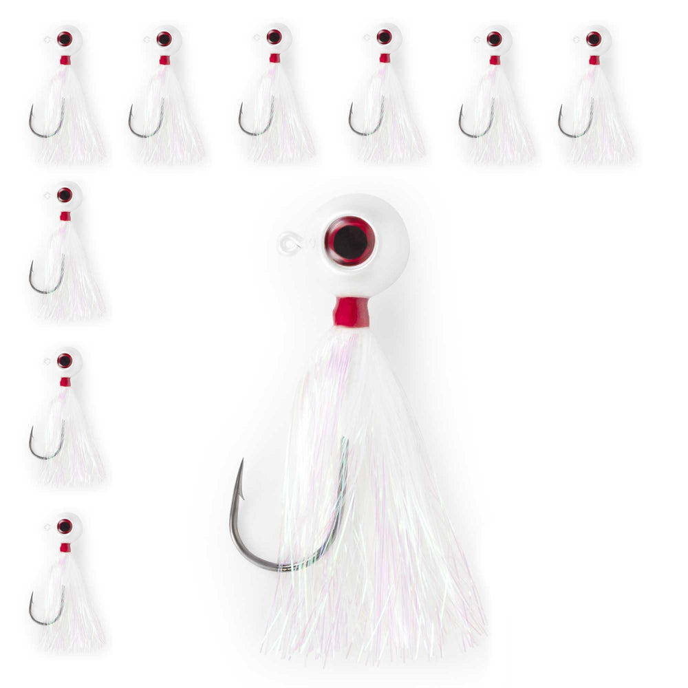 UNCLE MO'S Fluke Bucktail Jig with pearl white Mylar teaser attracts bites in varied conditions