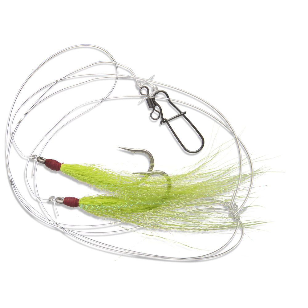 UNCLE MO'S Fluke Hi-Lo rig chartreuse bucktail teaser to attract bottom-dwelling fluke