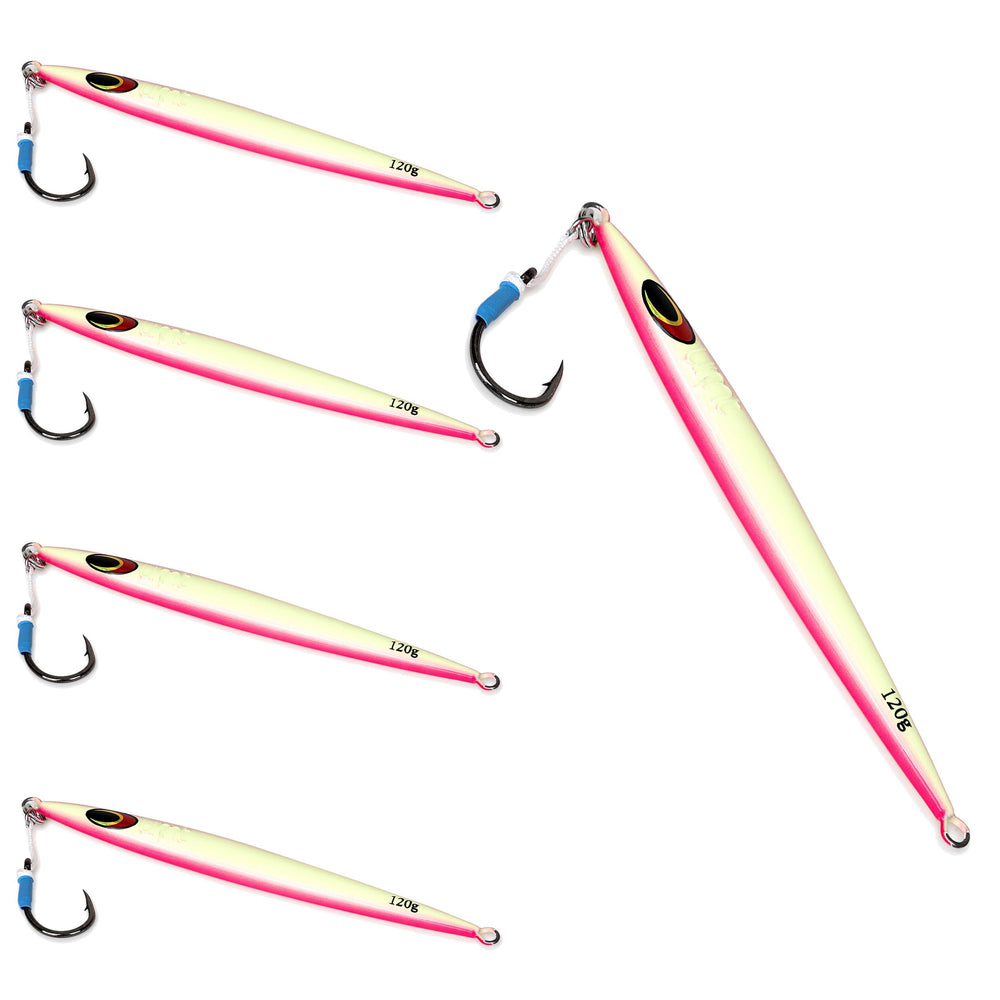 Uncle Mo's Tuna Riser Jig pink glow ready for offshore bites.