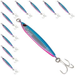 Uncle Mo's 60g pink-blue jig close-up highlighting sharp treble hooks for long casts