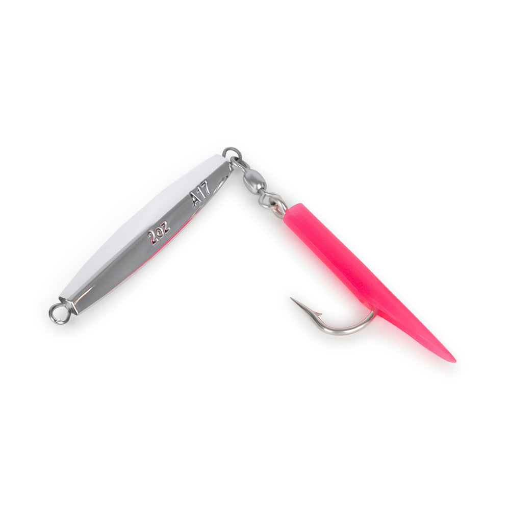 UNCLE MO'S A17 Cape Cod Diamond Jig with chrome pink teaser boosts water flash and bites.