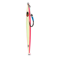 UNCLE MO'S SALTWATER TACKLE 80g jig in deep water, visible glow boosts attract.
