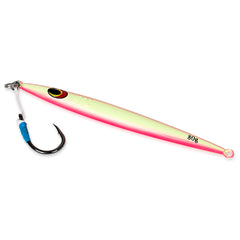 UNCLE MO'S SALTWATER TACKLE sand eel jig pink glow emulates bait for bass and tuna.