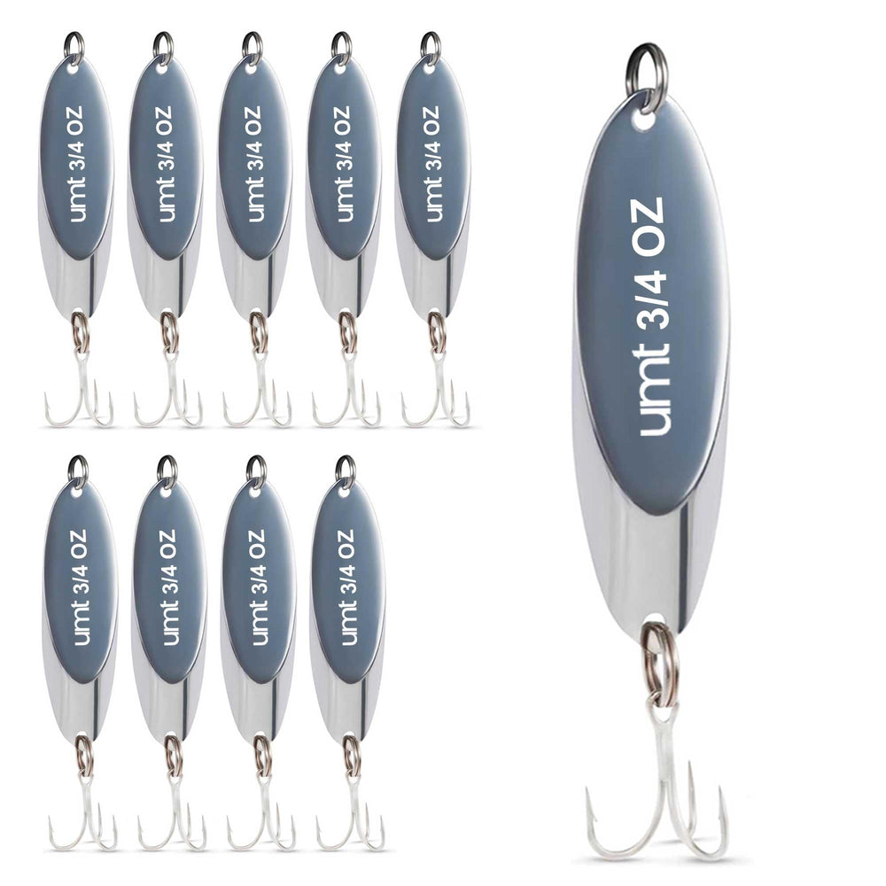 UNCLE MO'S UMT chrome spoon lure ten-pack ready for versatile freshwater and saltwater fishing.