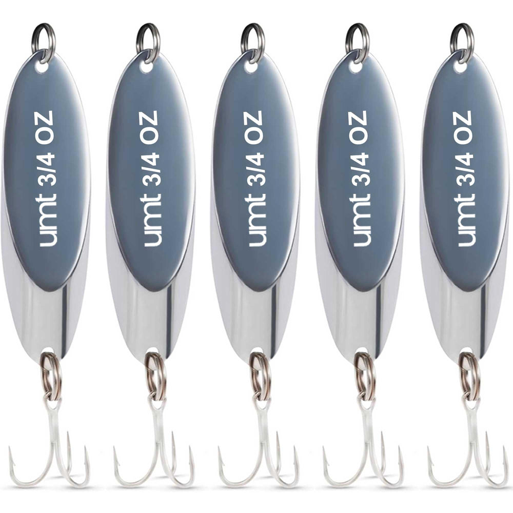 Uncle Mo's UMT chrome spoon lure set ready for freshwater and saltwater casting.