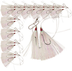 UNCLE MO'S SALTWATER TACKLE 10-pack fluke hi-lo rig with white Mylar teaser boosts visibility.