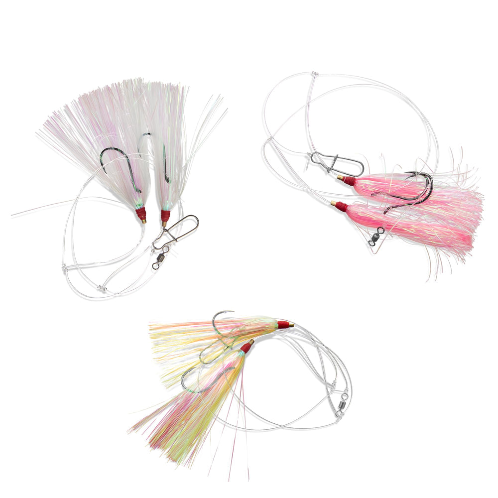 Uncle Mo’s Fluke Hi-Lo rig with multicolor Mylar teaser
