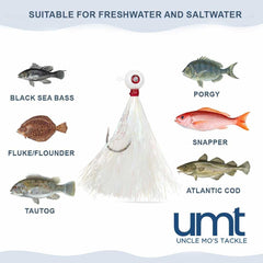UNCLE MO'S UMT Bucktail Jig in black sea bass-ready design attracts multiple species.