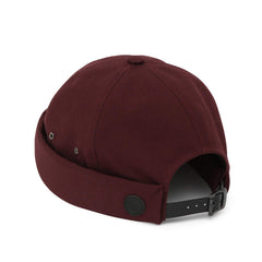 UNDERCONTROL VNTG brimless cap wine color back strap detail shows leather buckle hardware.
