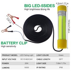 7.6 inch green submersible fishing light with 20 ft power cord