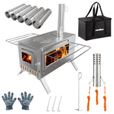 unho hot tent stove front view demonstrates portable warmth and durable stainless steel