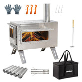 unho outdoor wood stove front view showing stainless steel build and flame glow