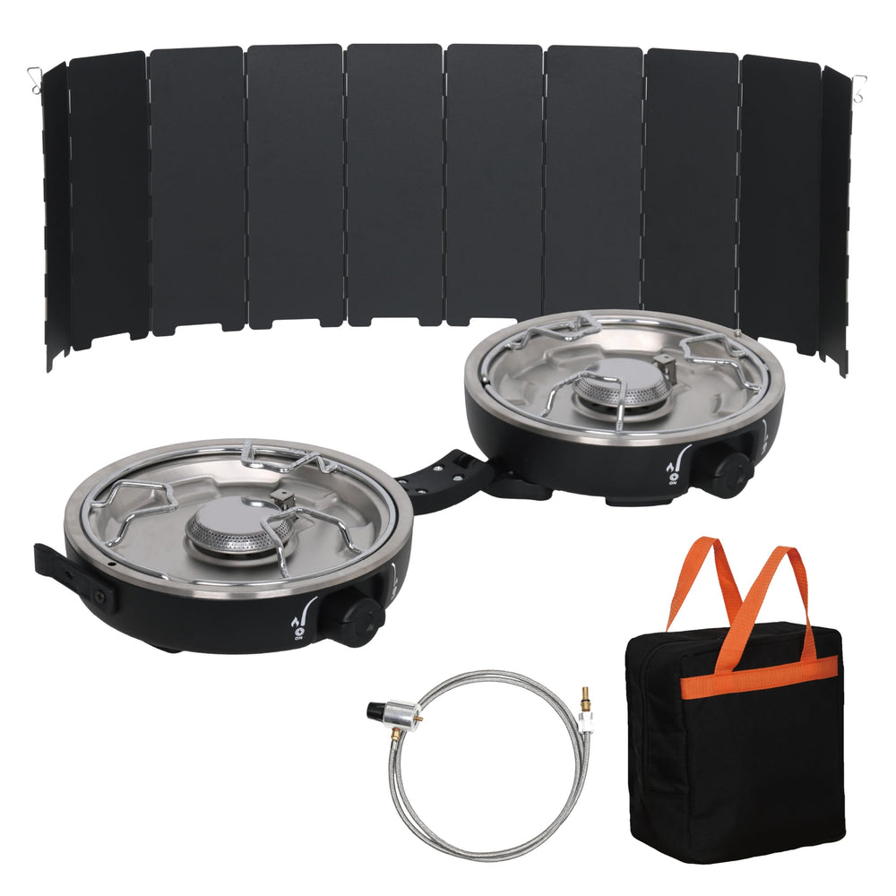 UNICCA propane 2-burner stove open-lit for quick campsite meals with dual burners