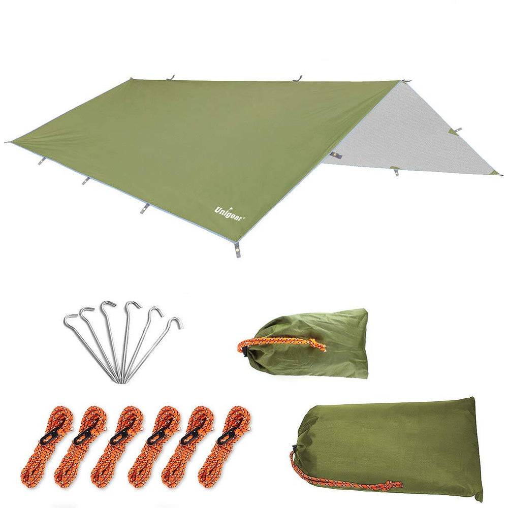 Unigear rain fly in 210D Oxford fabric set up for shelter