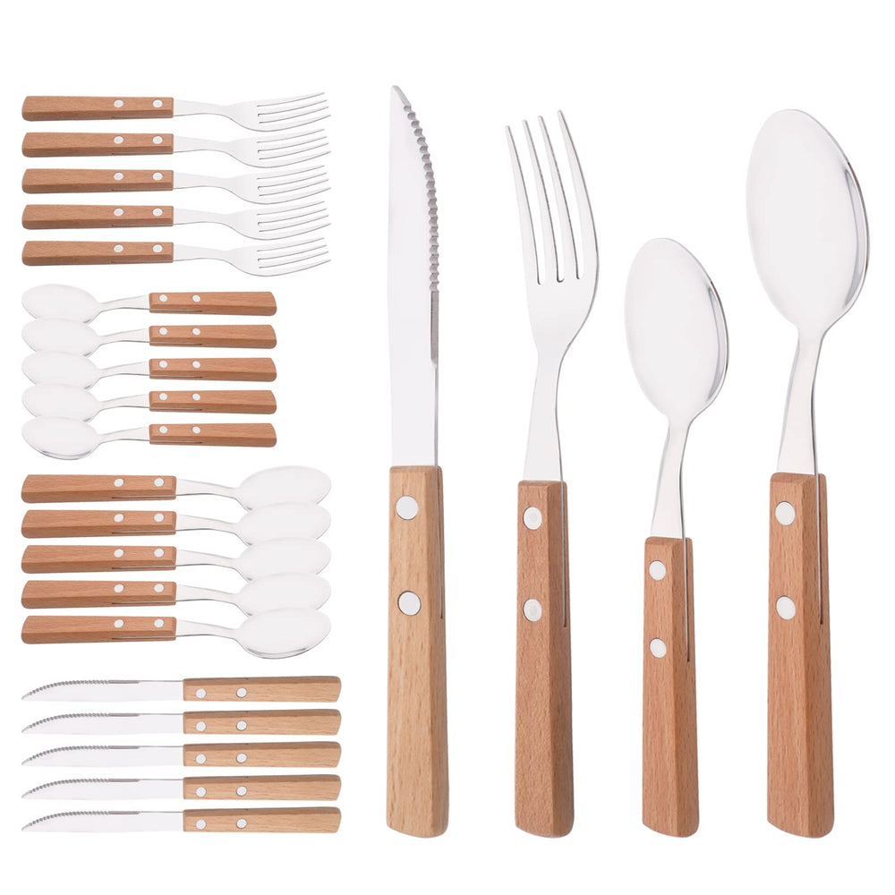 Uniturcky 24-piece silverware set with wood handle for six, durable and stylish.