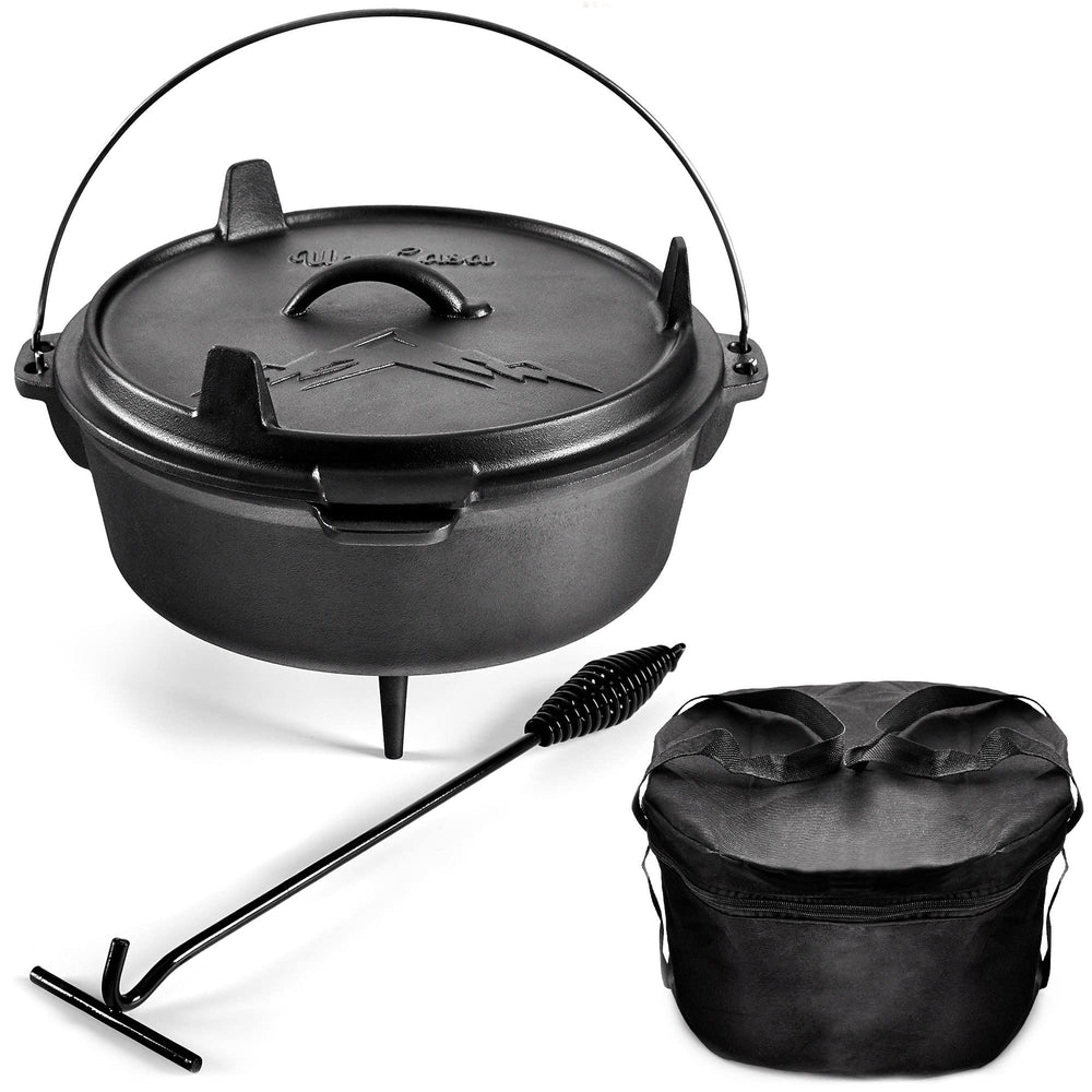 Uno Casa 6Qt Dutch oven over fire demonstrates durable heat retention for campfire meals