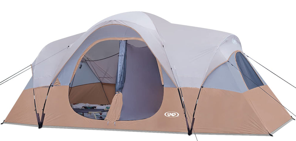 UNP camping tent 10-person exterior front view shows roomy layout for family camping