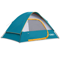 UNP camping tent exterior in ocean blue shows roomy 8x7 space for four campers on comfortable trips.