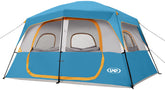 UNP 8-person camping tent front view showing entrance and rainfly ready for family camping