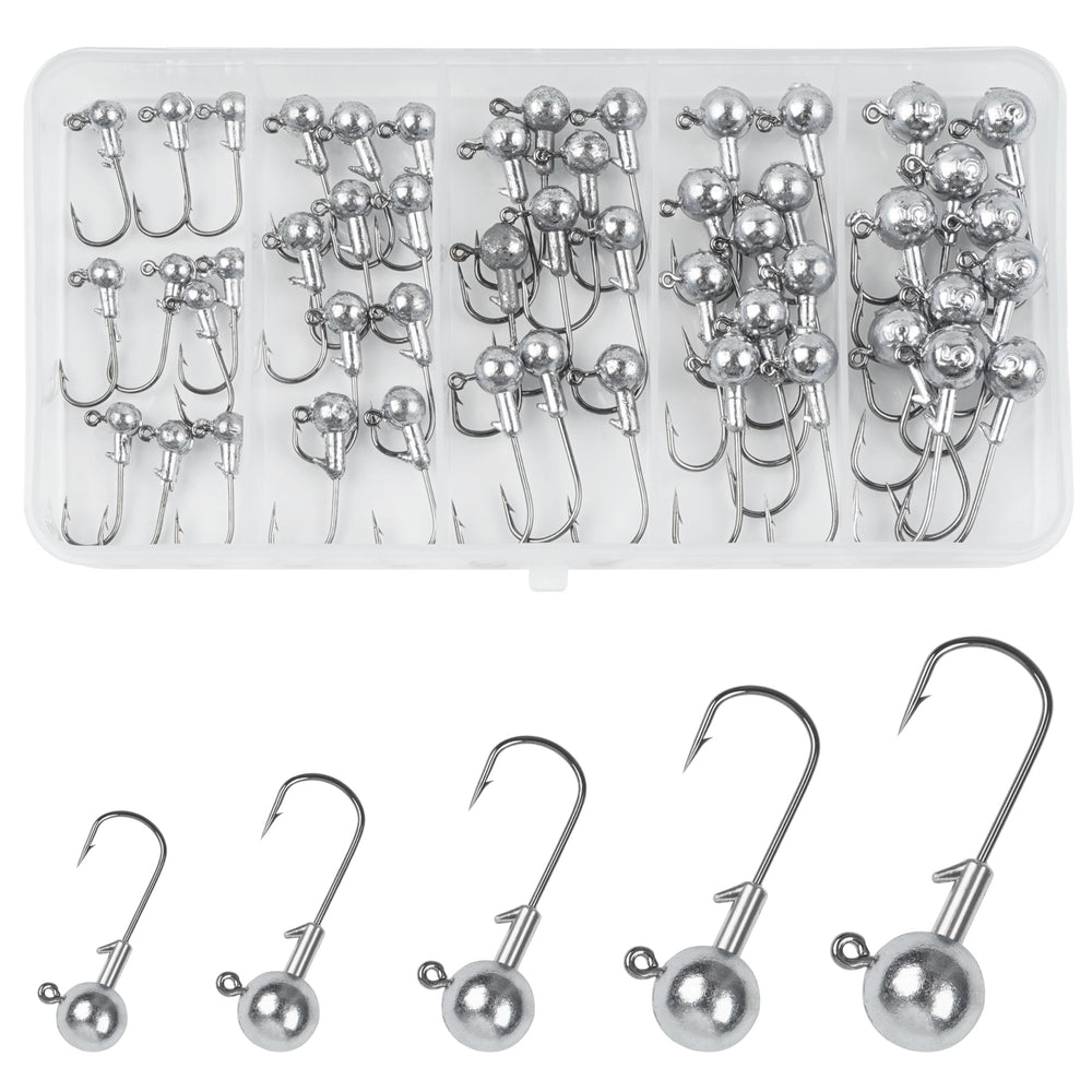 Close-up of unpainted round ball jig head with sharp hook