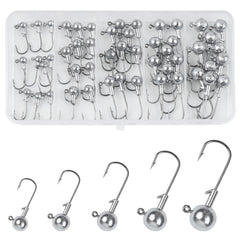 Close-up of unpainted round ball jig head with sharp hook