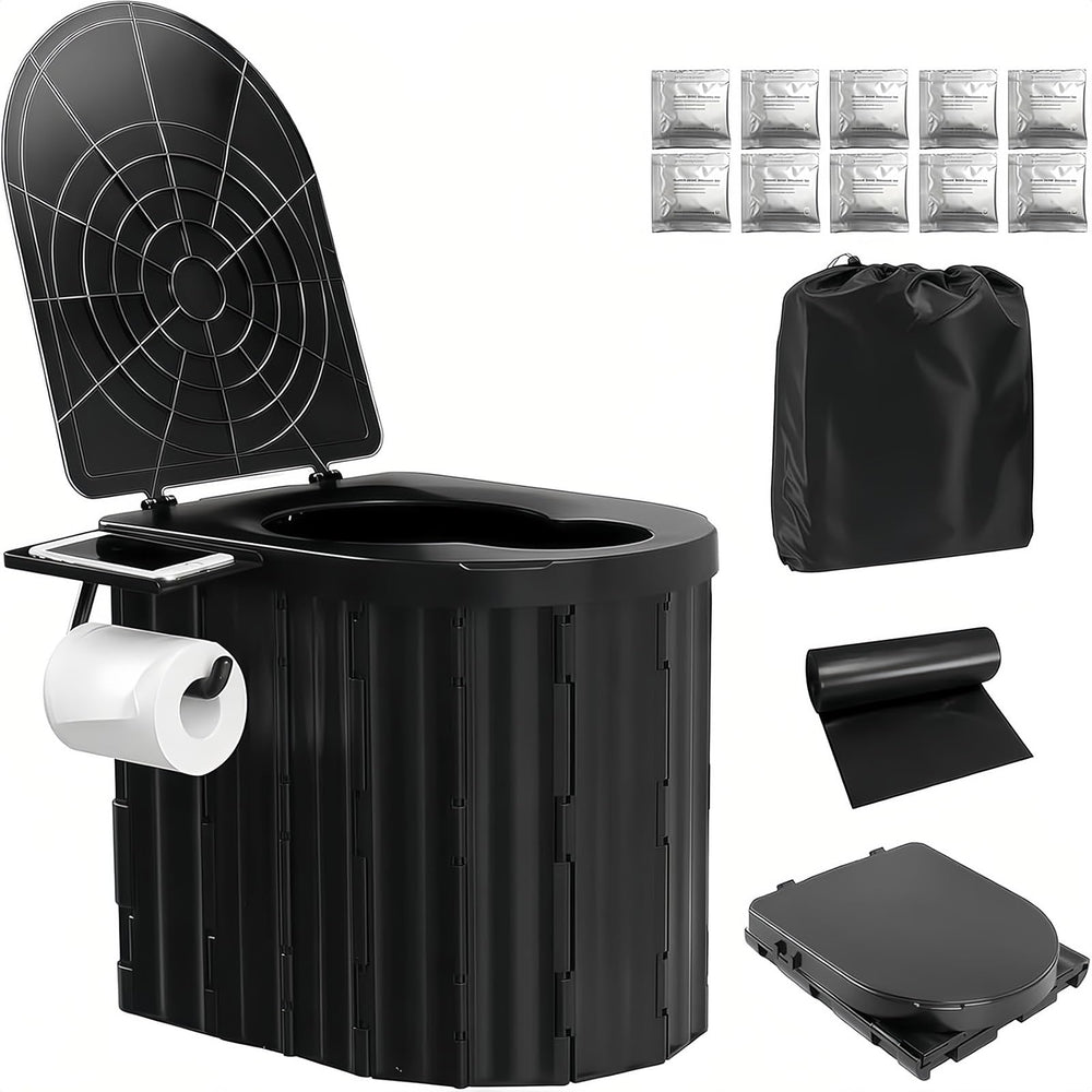 UOPBYEA portable camping toilet handle shows easy transport and stable setup on uneven terrain.