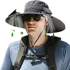 Black UPF 50+ solar-powered sun hat with wide brim - front view