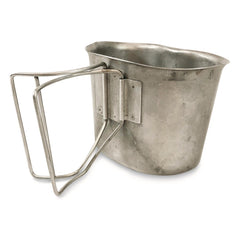 US Military Surplus butterfly canteen cup stainless steel body showcases durability for camping use.