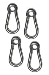 US Stainless 4-pack 316 spring hooks with eyelet 516 close-up, corrosion resistant for marine use
