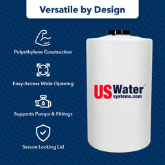US Water Systems 35-gallon tank shown for indoor or outdoor use versatility.