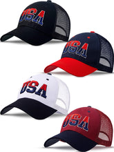 Front view of four-piece USA hats with embroidery