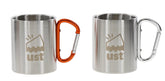 ust KLIPP Biner Mug 1.0 with carabiner handle attached to a backpack for easy access.