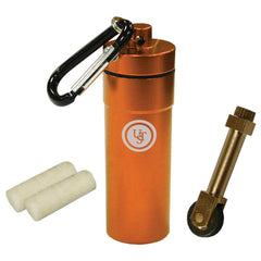 UST Stoke Kit with Micro SparkWheel and tinder in a waterproof base case for camping preparedness.