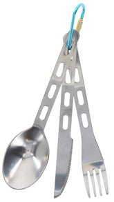 UST stainless steel utensil set with carabiner for easy storage.