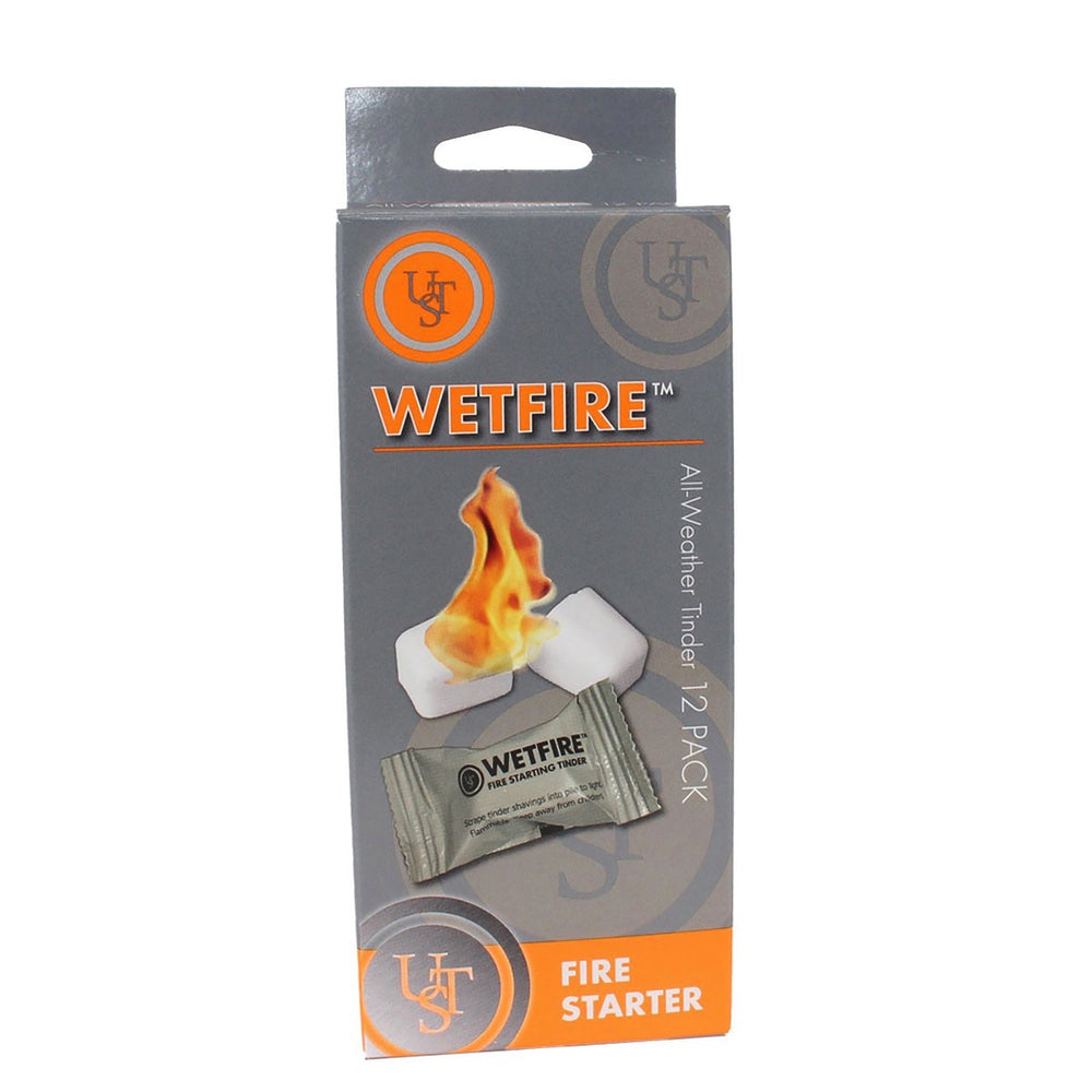 UST WetFire tinder cube close-up showing compact size for reliable fire-starting.