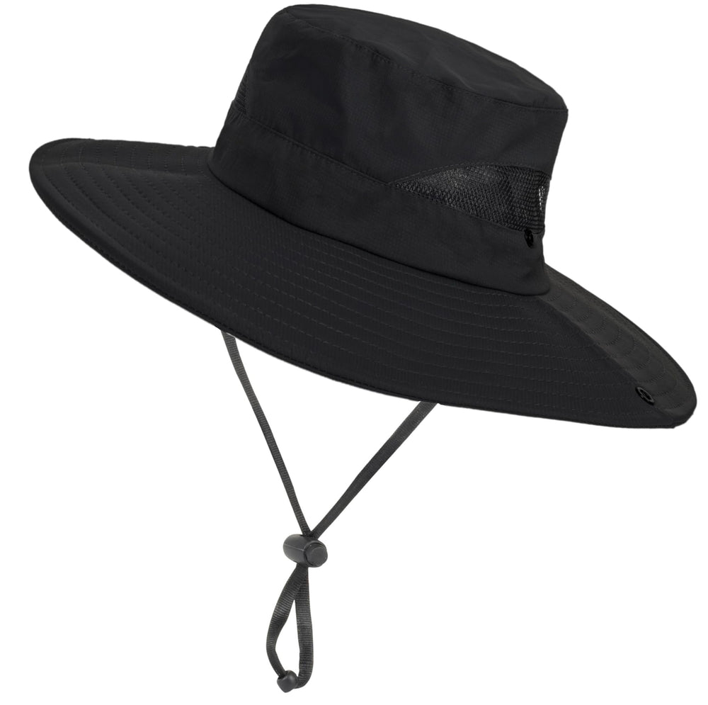 Utaly wide-brim sun hat in black, front view showing UPF 50+ protection.