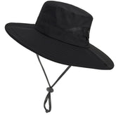 Utaly wide-brim sun hat in black, front view showing UPF 50+ protection.