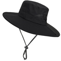 Utaly wide-brim sun hat in black, front view showing UPF 50+ protection.
