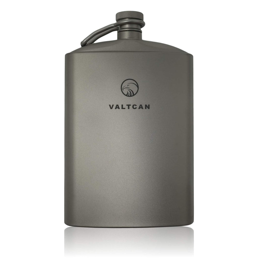 Valtcan titanium hip flask front view for durable outdoor hydration.