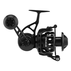 Van Staal VR spinning reel side view highlighting stainless steel main shaft and TiN coating
