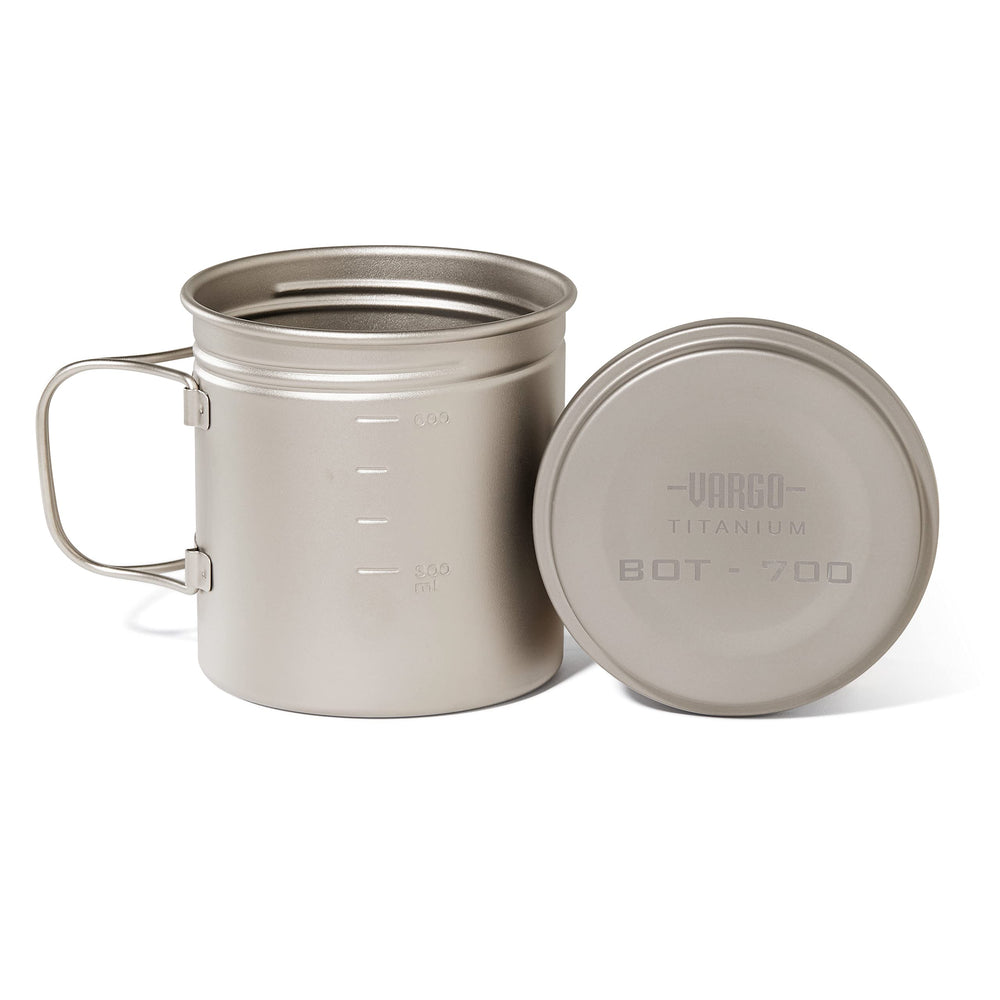 Vargo BOT 700 titanium pot ready for compact backcountry cooking and boiling.