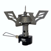 Vargo Jet-Ti 2 stove with folding legs offering stable camp cooking on trails.
