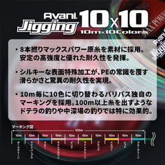 Varivas Avani jigging eight-strand Max Power braid detail highlights strength with thin diameter.