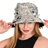 VASTLUCKY shiny sequined bucket hat front view highlighting sparkle and sun protection.
