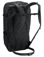 VAUDE CityGo 30 II side-strap attachment demonstrates helmet and U-lock compatibility