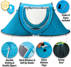 VaygWay pop-up cabana windproof-fabric shields from gusts at seaside.