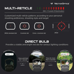 Vector Optics Frenzy-X multi-reticle with 11 brightness levels for versatile shooting.