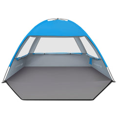 Venustas beach tent exterior assembled in sunny beach setting showing spacious shade